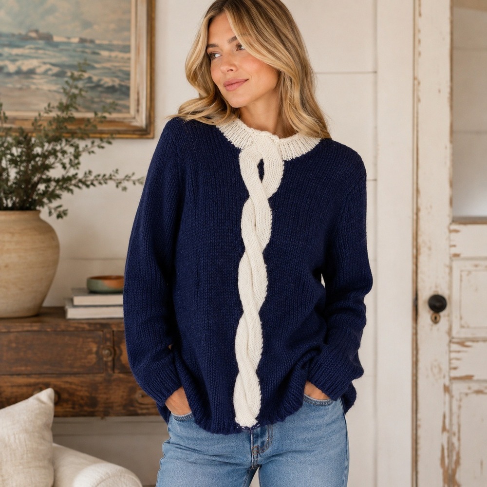 LL Bean Womens XL Mohair Blend Chunky Cable Knit Sweater Navy Blue Fuzzy